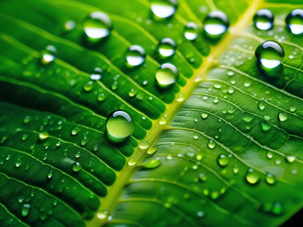 Imagen: Hoja verde con gotas de rocío y reflejos - Avances en química ambiental y energías alternativas