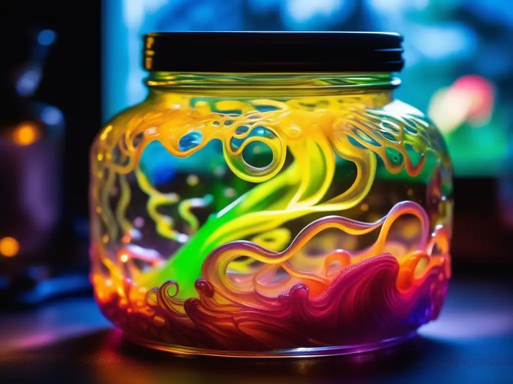 Descubrimientos químicos caseros divertidos: Frasco de vidrio transparente lleno de slime vibrante y brillante con colores neón