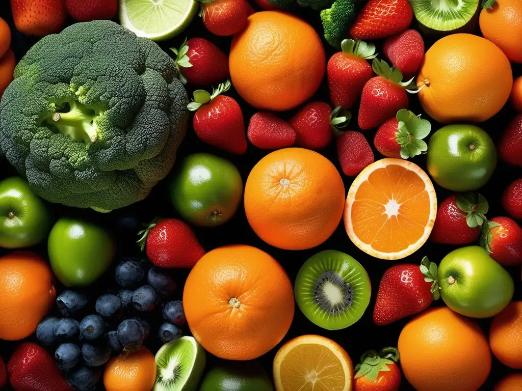 Imagen de frutas y verduras frescas con detalles vibrantes y texturas intrincadas