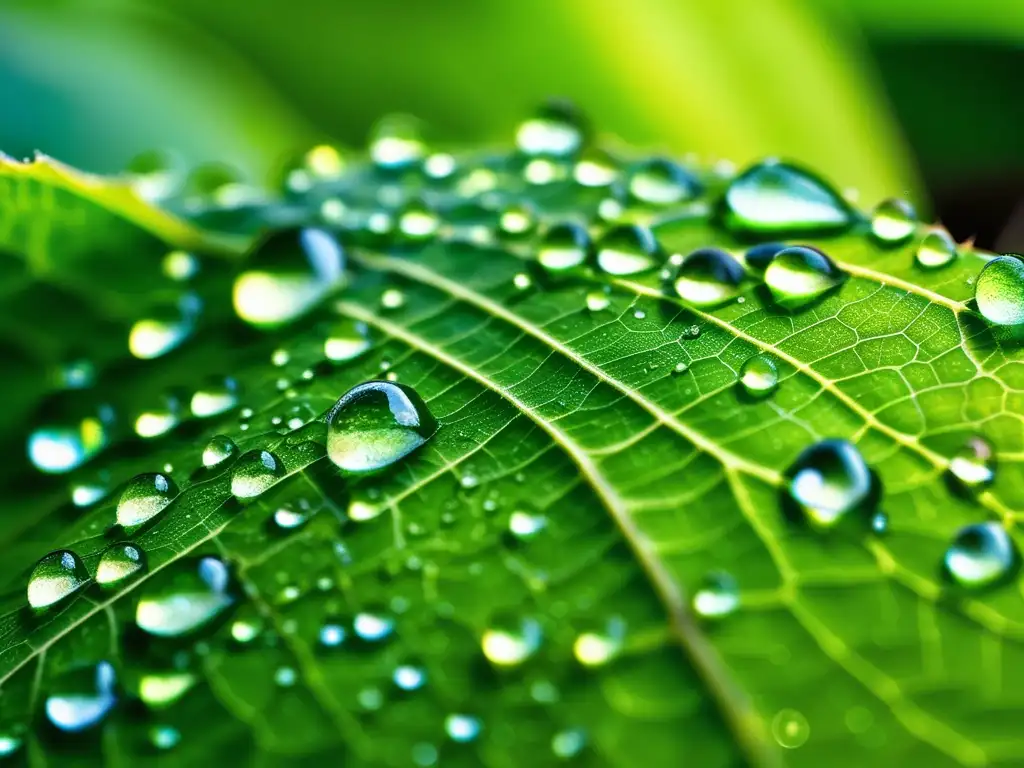 Hoja verde con gotas de agua, detalle perfecto de venas y textura