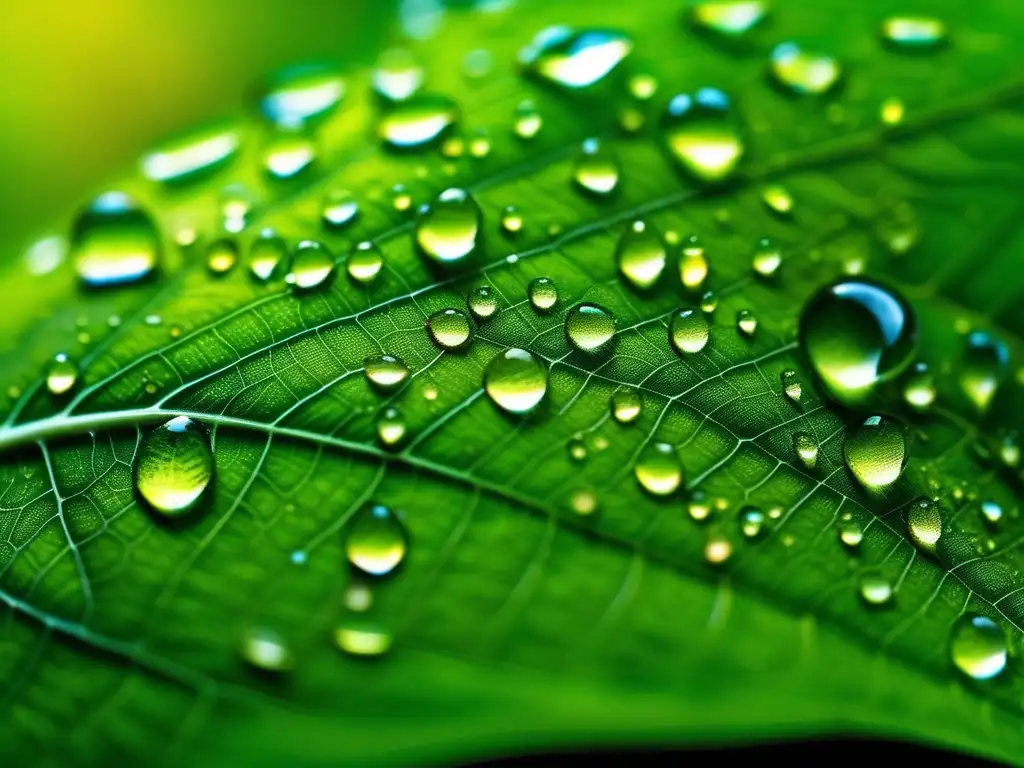 Hoja verde con gotas de agua, reflejando el entorno y la importancia de la calidad del aire