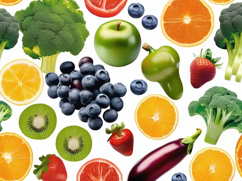 Beneficios antioxidantes en nutrición: variedad vibrante de frutas y verduras ricas en antioxidantes, frescas y coloridas