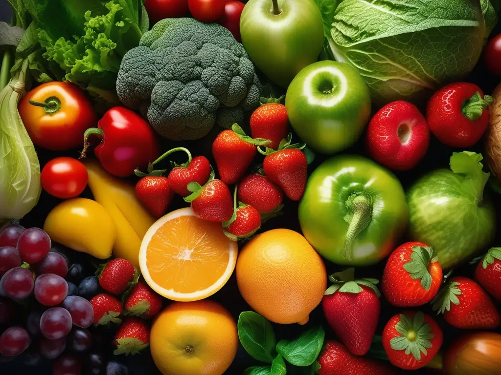 Vibrante imagen de frutas y verduras frescas, mostrando su color, textura y detalles