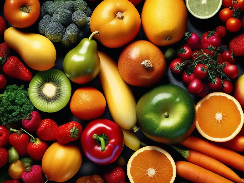 Fotografía macro de frutas y verduras frescas en una composición artística, resaltando colores, texturas y patrones naturales