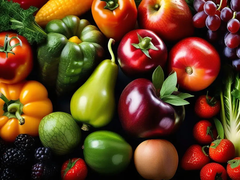 Una fotografía de frutas y verduras frescas destacando sus colores y texturas, resaltando la belleza y diversidad de los productos orgánicos