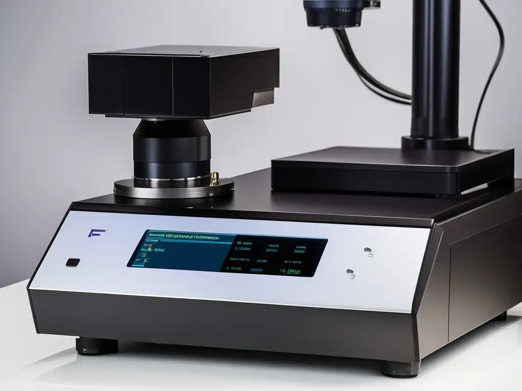 Espectroscopia infrarroja: imagen detallada de un espectrómetro FTIR moderno y elegante, con una muestra química iluminada por luz infrarroja