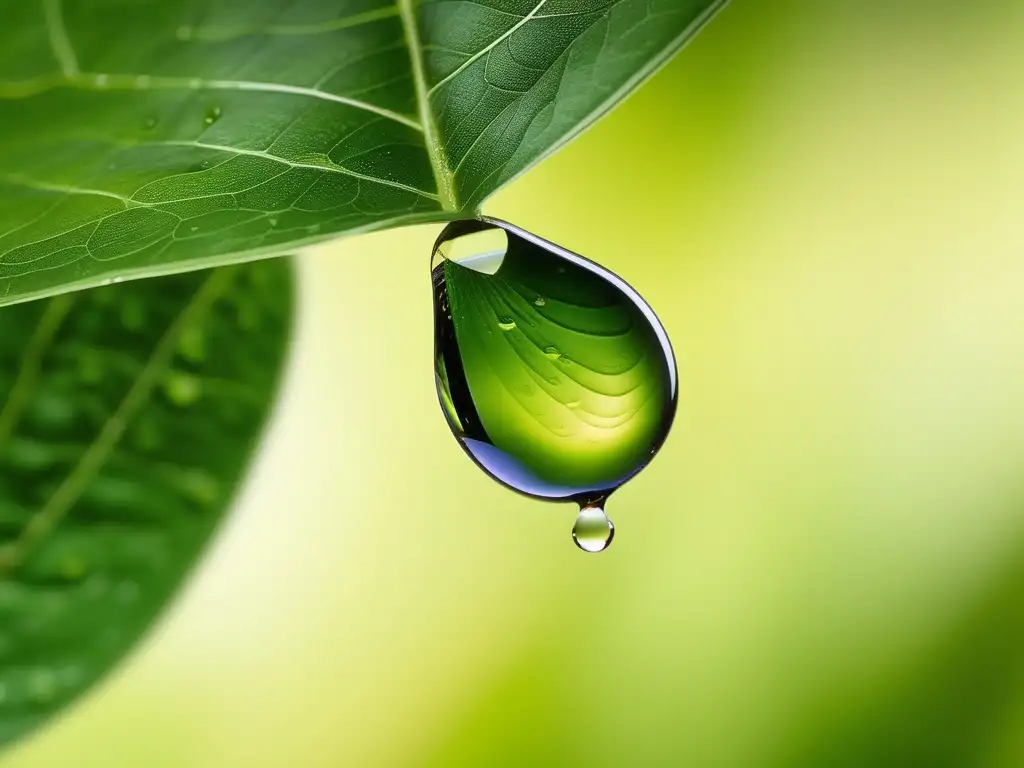 Importancia electroquímica en purificación de agua: gota esférica en hoja verde muestra detalle y reflejo medio ambiente