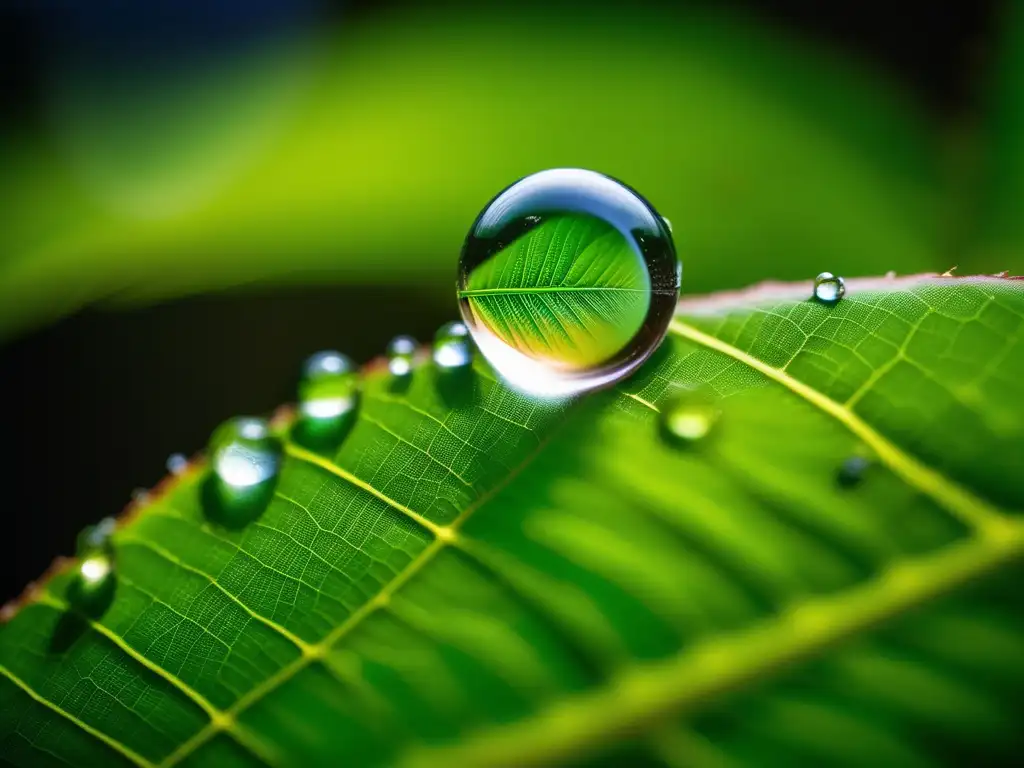 Impactos contaminación química: gota agua en hoja verde, reflejo paisaje industrial tóxico