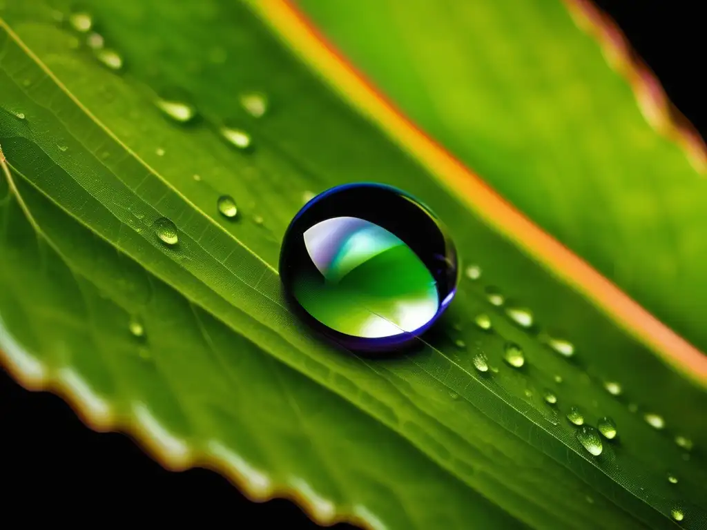 Impactos ambientales en la naturaleza, reflejados en una gota de agua sobre una hoja