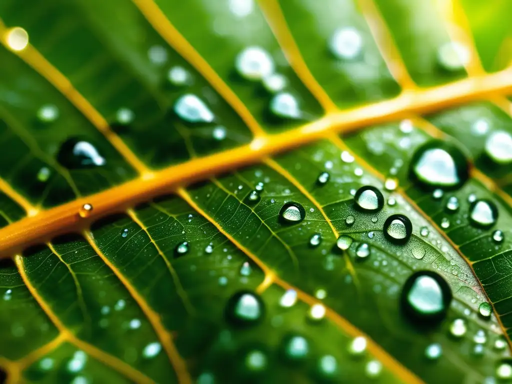 Hoja con gotas de agua, reflejando colores vibrantes y estructura de diseño natural