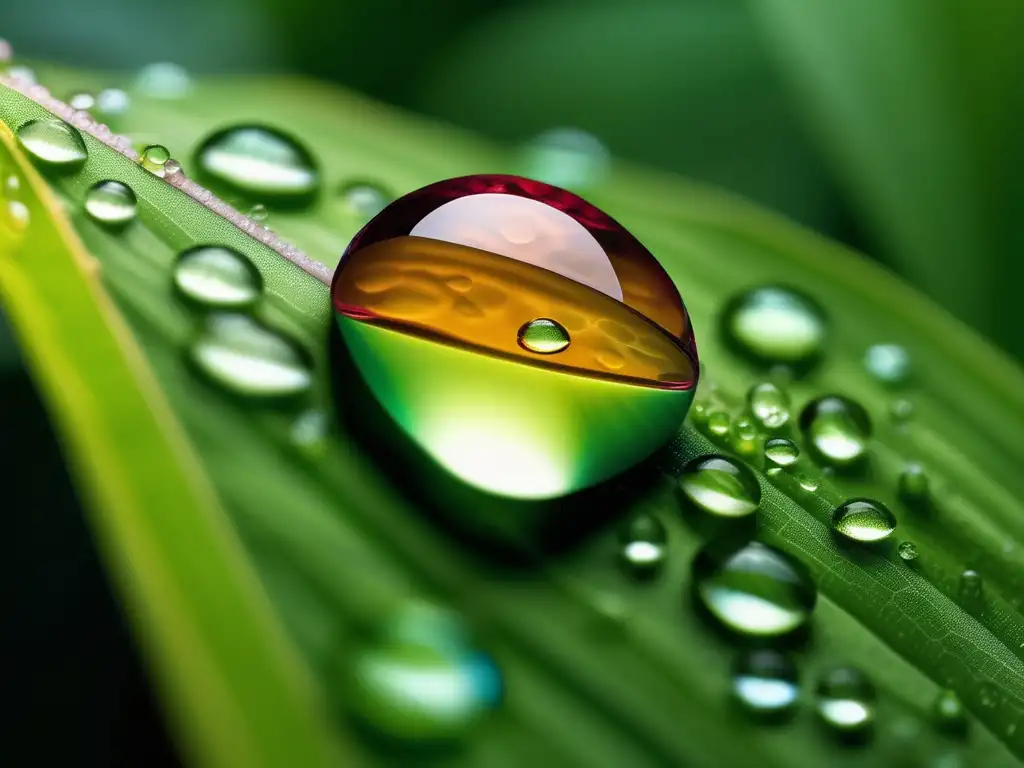 Macro imagen de gota de agua en hoja, reflejando colores vibrantes y textura de la piel - Beneficios y riesgos de productos de belleza químicos