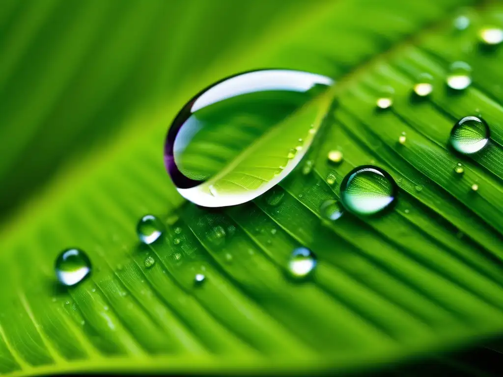 Imagen: Gotas de agua en hoja verde, revelando patrones y belleza de la interacción agua-planta