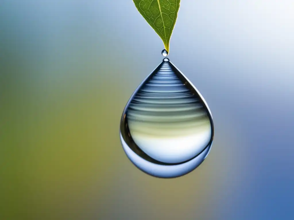 Detalle macro de una gota de agua suspendida en el aire, mostrando la estructura molecular y los efectos de la estructura química