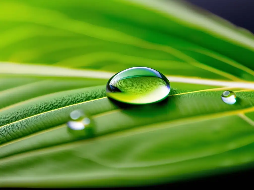 Avances en química para salvar el planeta: gota de agua en hoja verde, textura y propiedades extraordinarias