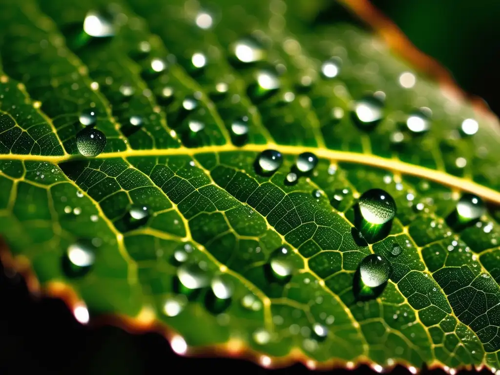 Hoja con gotas de agua, red de venas destacada, microcosmos de vida, materiales bioinspirados para sostenibilidad ambiental