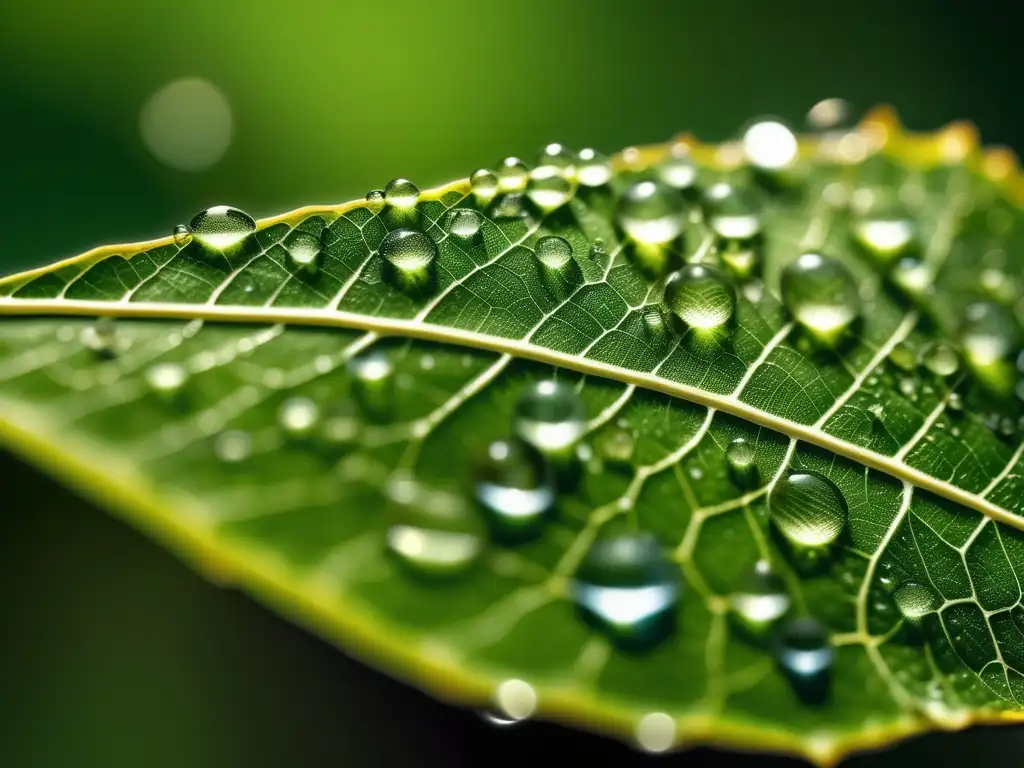 Impacto química cambio climático: hoja con gotas de agua, luz reflejada y red de venas detallada