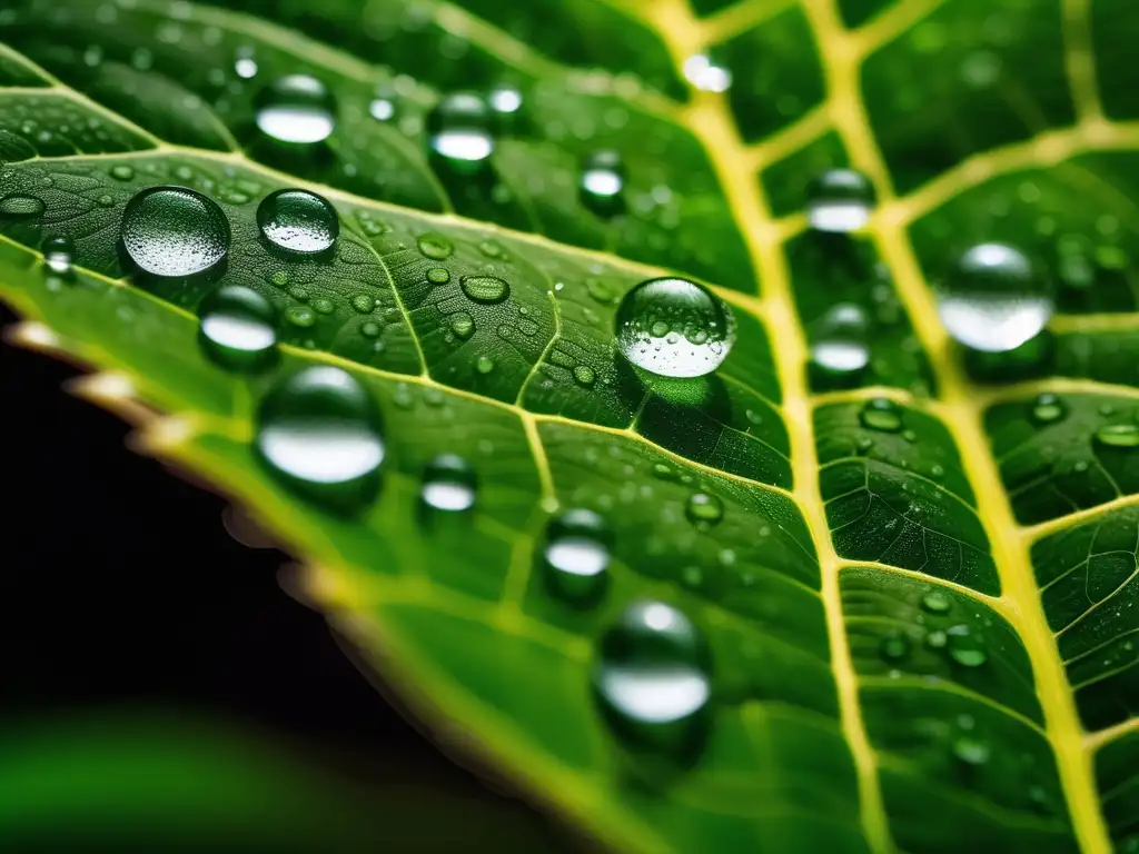 Hoja verde con gotas de agua, detalles de venas y patrones de gotas, belleza de la naturaleza