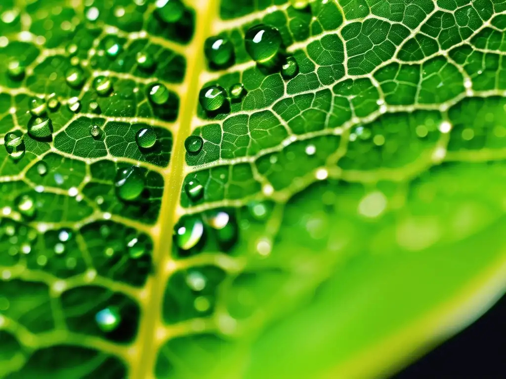 Hoja verde con gotas de agua, detalles precisos y colores vibrantes