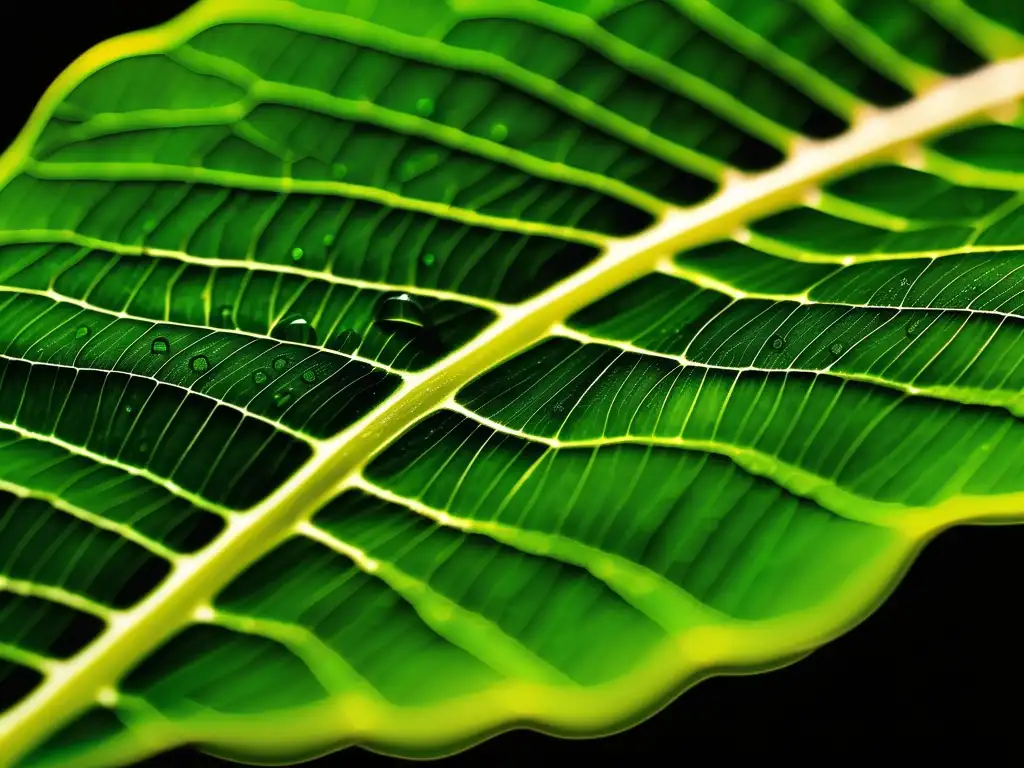 Hoja verde con delicados detalles y gotas de agua, evocando la belleza natural y el impacto de los procesos químicos en la atmósfera