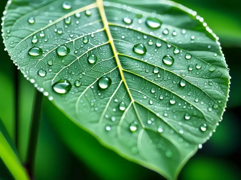 Hoja verde con gotas de rocío, símbolo de la resiliencia de la naturaleza y de la química sostenible en la industria petrolera