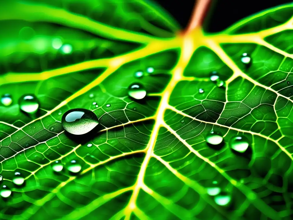 Hoja verde con agua, fotosíntesis y química moderna