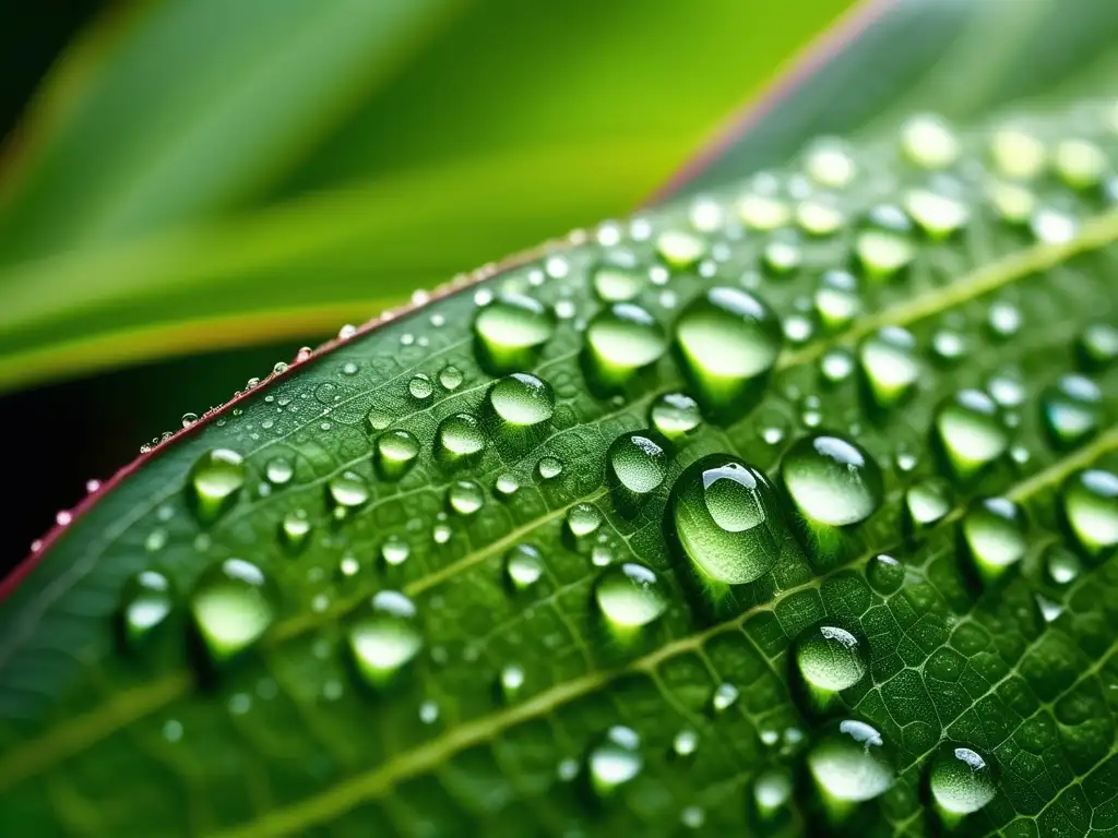 Impacto petroquímica en cosmetología: hoja verde con gotas de agua, mostrando pureza y belleza de ingredientes naturales