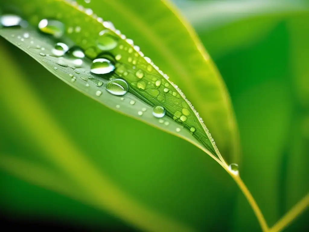 Hoja verde con gotas de agua, detalle y química atmosférica en energía renovable