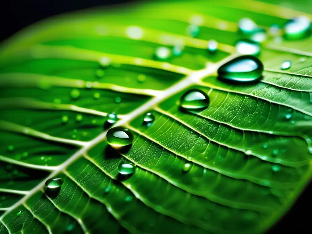 Hoja verde con gotas de agua, química sustentable