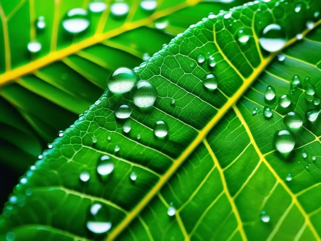 Importancia energías alternativas: imagen de hoja verde con gotas de agua, detalle y realismo, representa la química ambiental