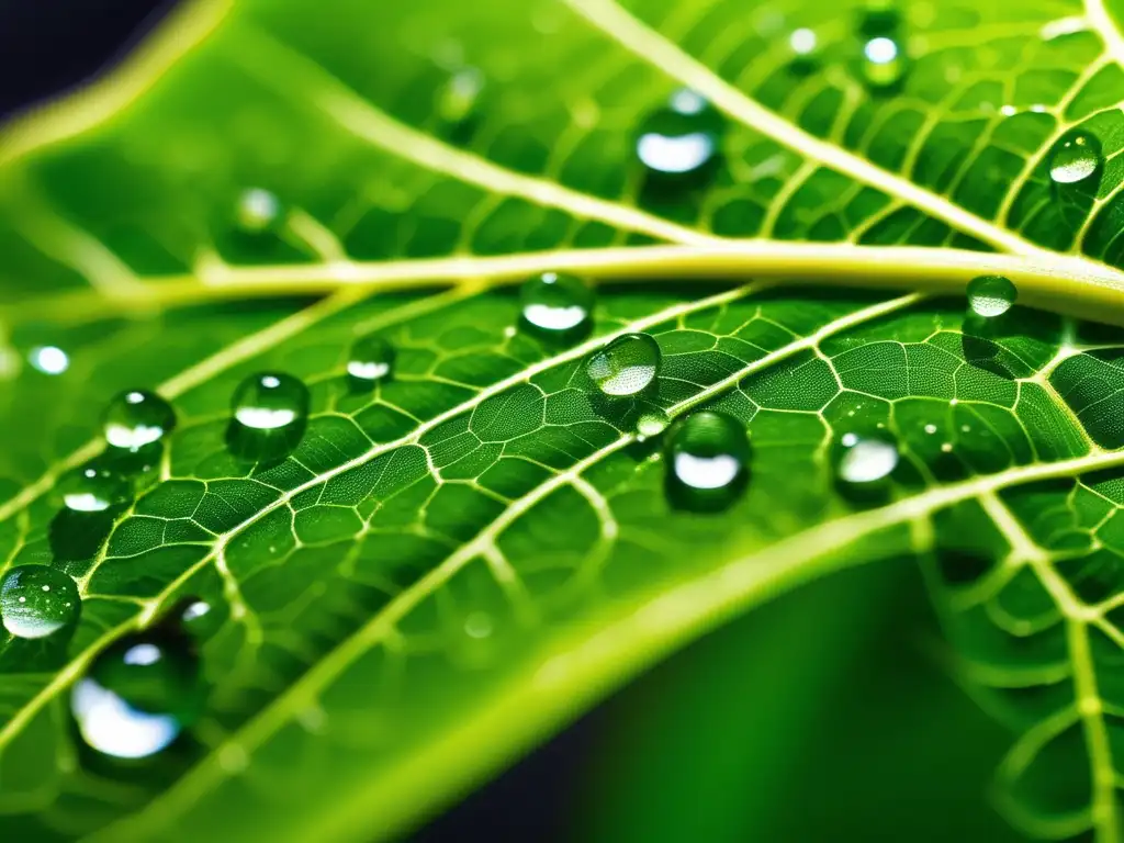 Funcionamiento enzimático: hoja verde con gotas de agua, venas y textura delicada, pH y temperatura óptimos para la catálisis