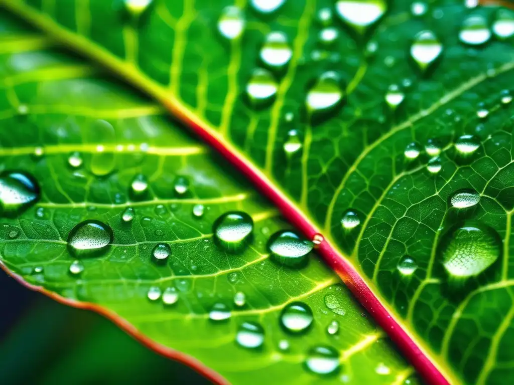 Hoja verde con gotas de agua y detalles intrincados