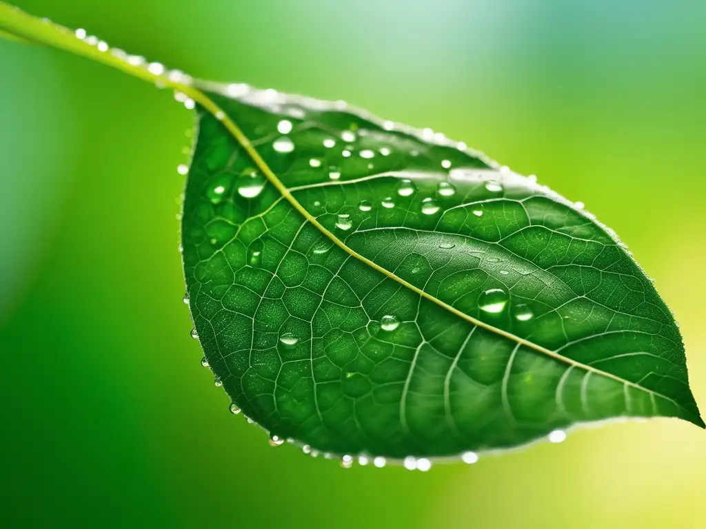 Hoja verde detallada con venas, gotas de agua y textura