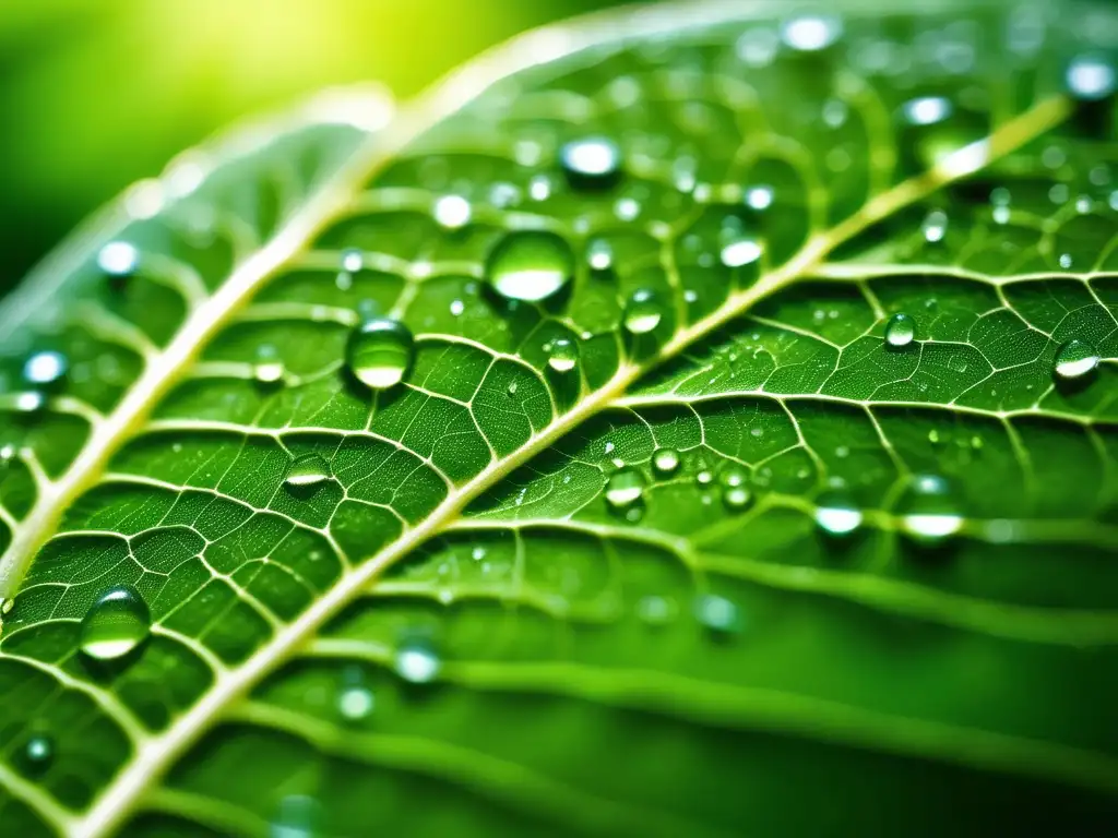 Hoja verde con gotas de agua y redes de venas, destacando la importancia de las enzimas en la química