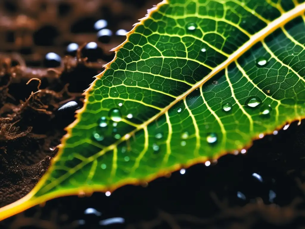 Descubrimientos sobre el fósforo en agricultura: hoja verde con gotas de agua, raíces y hongos simbióticos