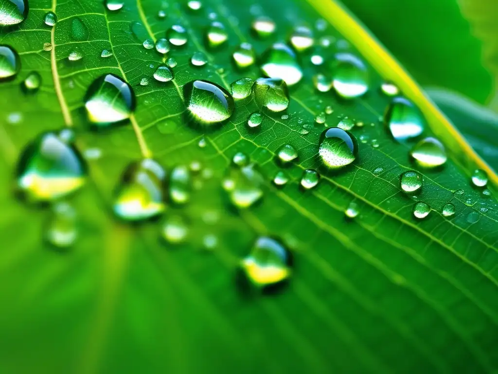 Fotografía macro hipnotizante de una hoja verde cubierta de gotas de rocío, resaltando sus venas y las gotas reflejando el entorno