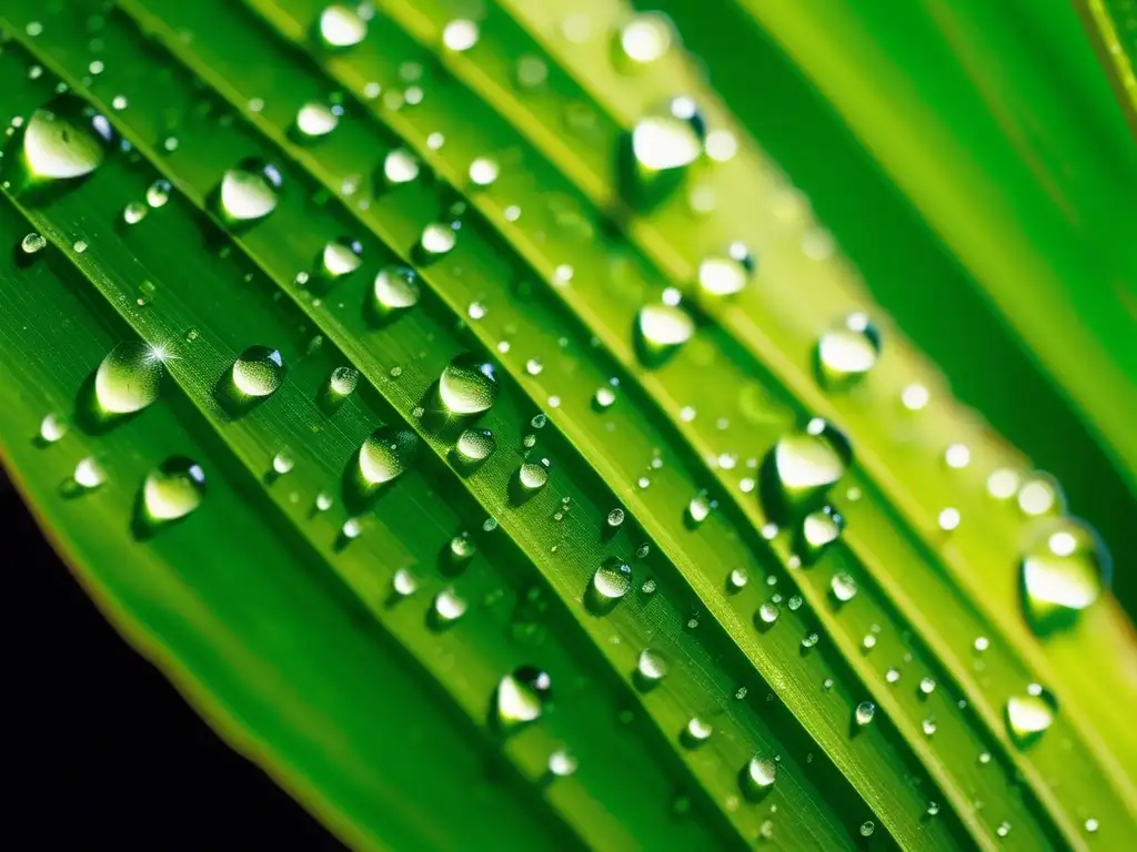 Química verde para un mundo sostenible: Hoja verde con gotas de rocío, detalle y realismo