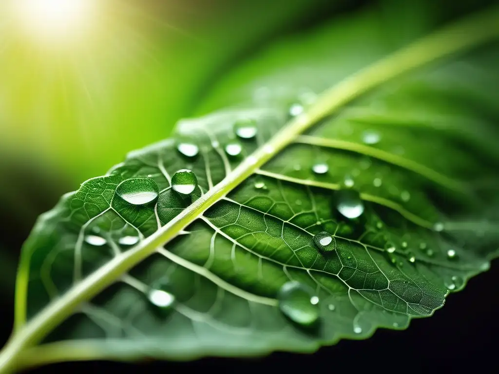 Hoja verde con venas, luz natural, gotas de agua - Química Ambiental para energías alternativas