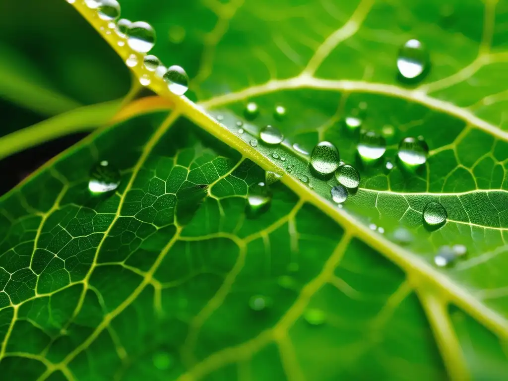 Descubrimientos recientes en química no metales: Hoja verde con venas, gotas de agua y textura fina