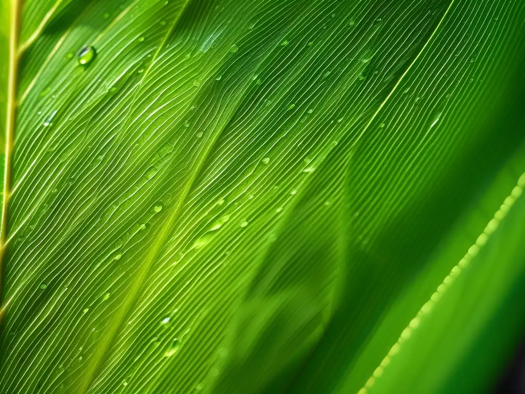 Innovaciones químicas sostenibles para un futuro verde: Detalle impresionante de una hoja verde con gotas de agua