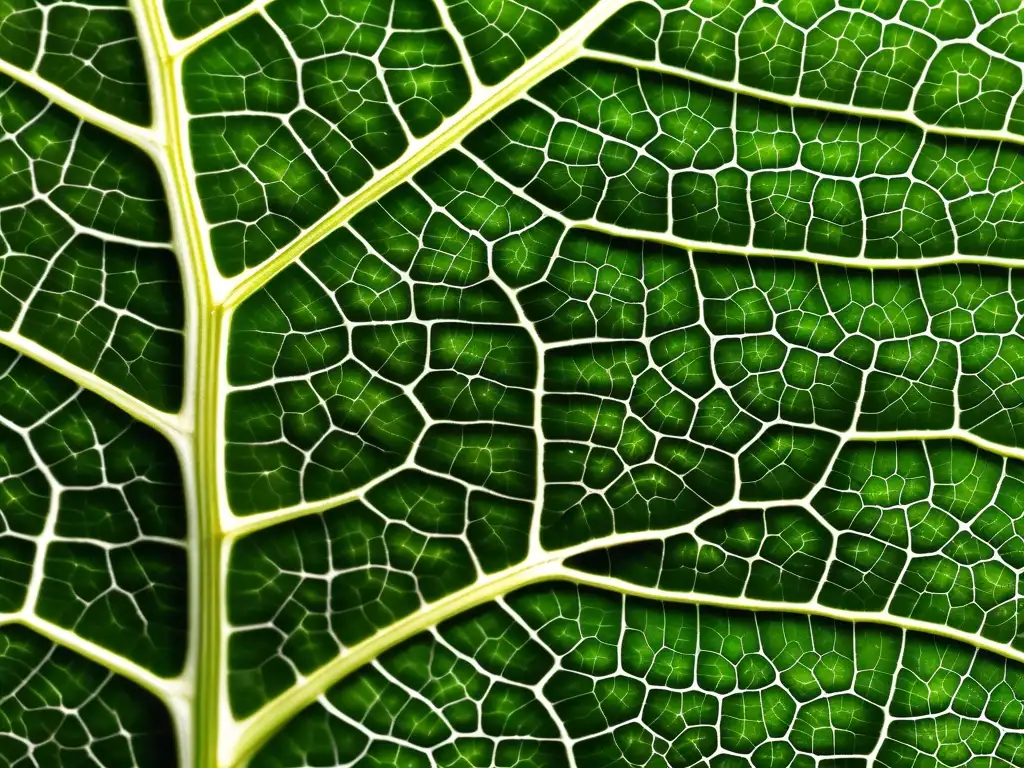 Importancia del carbono en la vida: hoja verde, detalles macro 8k, red de venas, cloroplastos y fotosíntesis