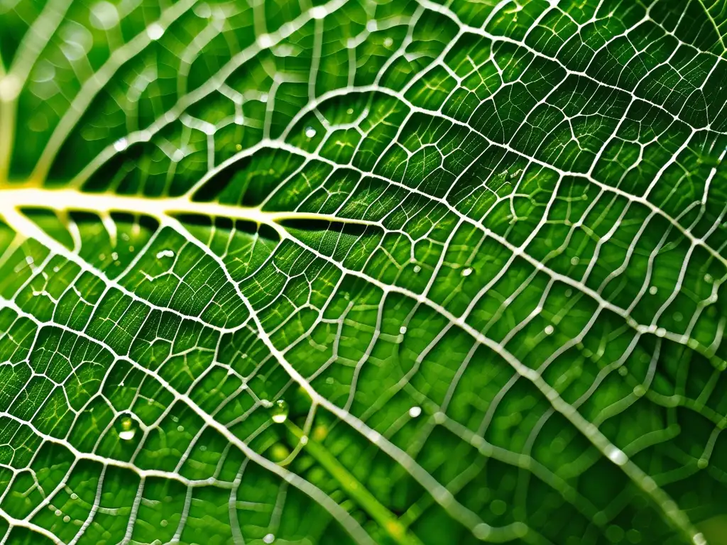 Hoja verde detallada, venas prominentes reflejan química atmosférica y calentamiento global