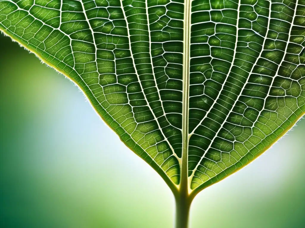 Hoja verde en primer plano revela estructura microscópica, venas visibles, células observables