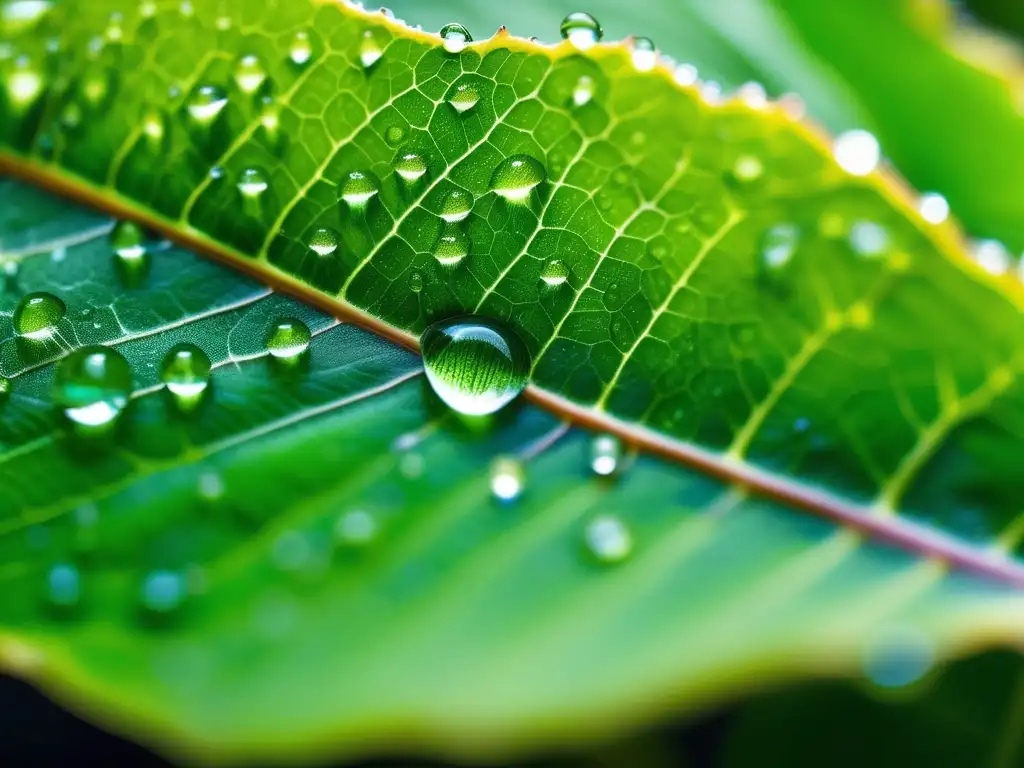 Macro imagen de hoja verde con gotas de agua: Tratamientos eficientes contra contaminación química