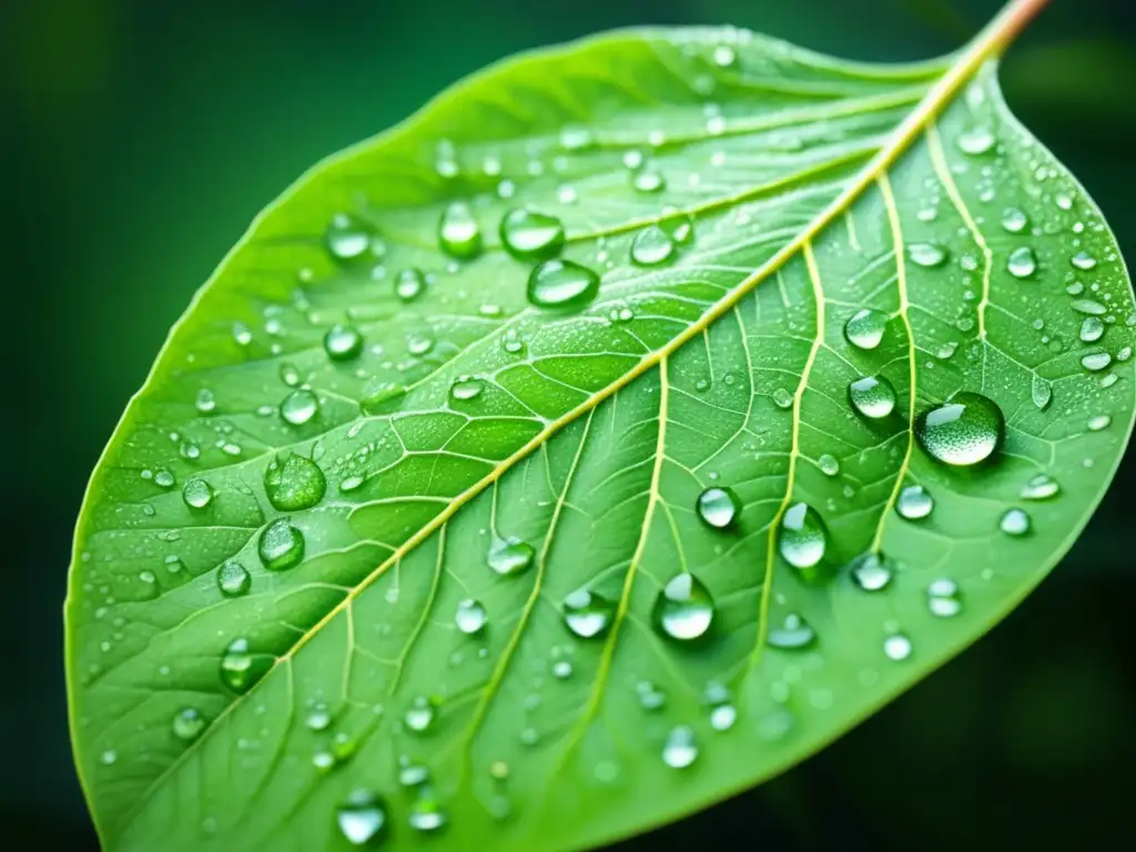 Importancia química sostenible industria: hoja verde con gotas de agua, detalles y venas visibles