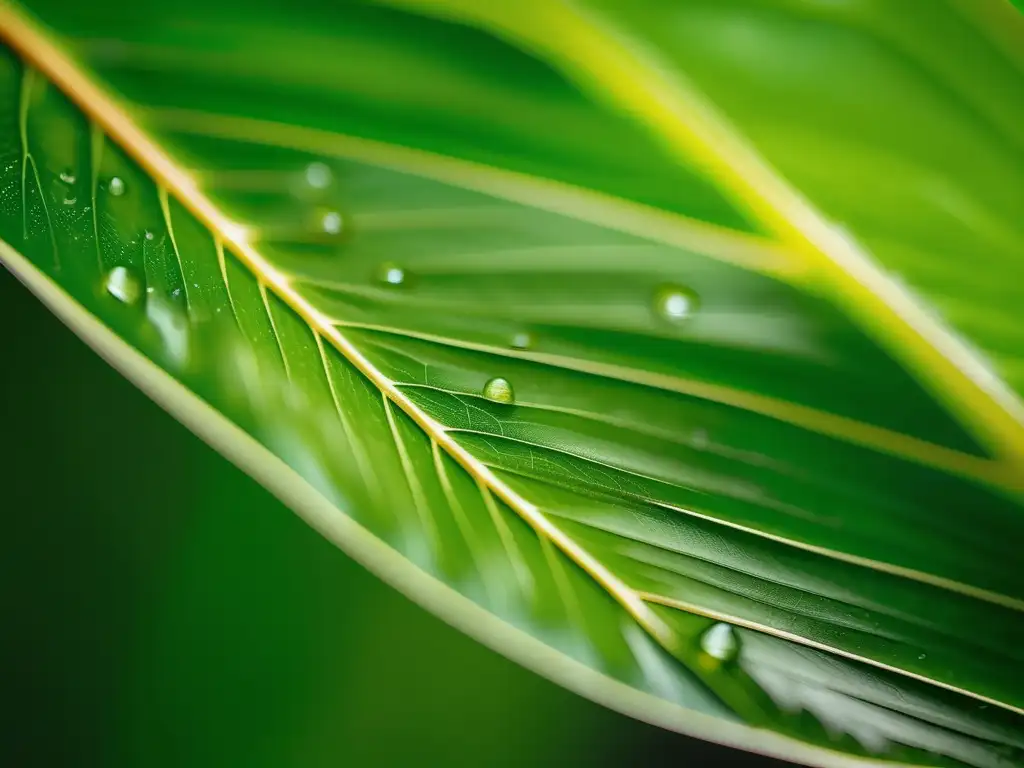 Importancia de la química sustentable: hoja verde con detalles intrincados, luz suave realista, gotas de agua fresca