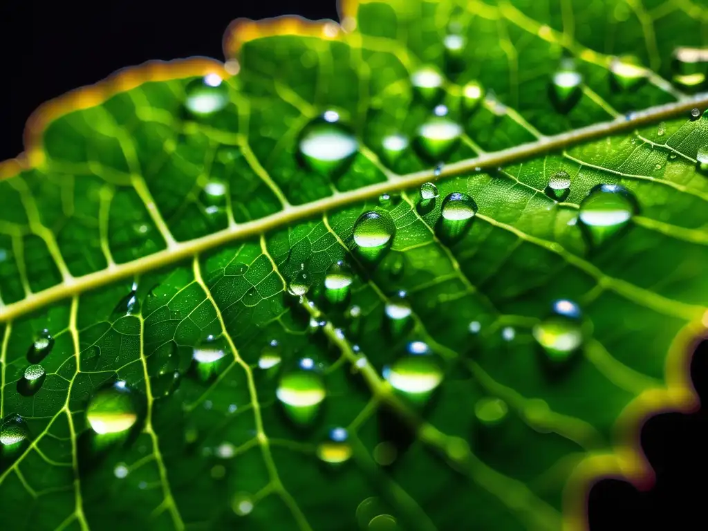 Impacto de la química moderna en la contaminación: hoja verde con gotas de agua, reflejos y estructura de las venas