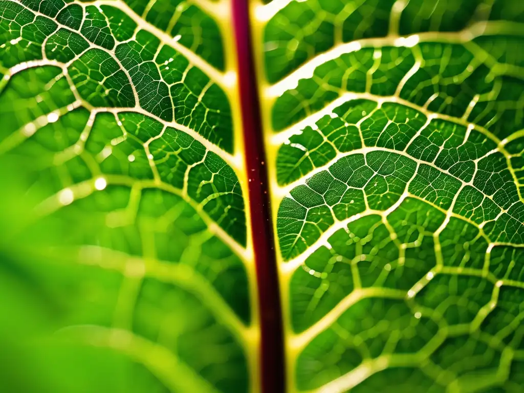 Avances en química para salvar el planeta: Hoja verde, detalles asombrosos, brillo suave, gotas de agua reflejando el entorno