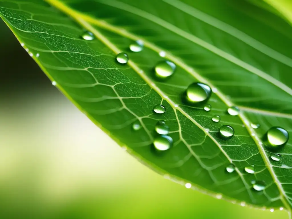 Hoja verde con detalles texturizados, venas y gotas de rocío, simboliza la química verde en cosméticos