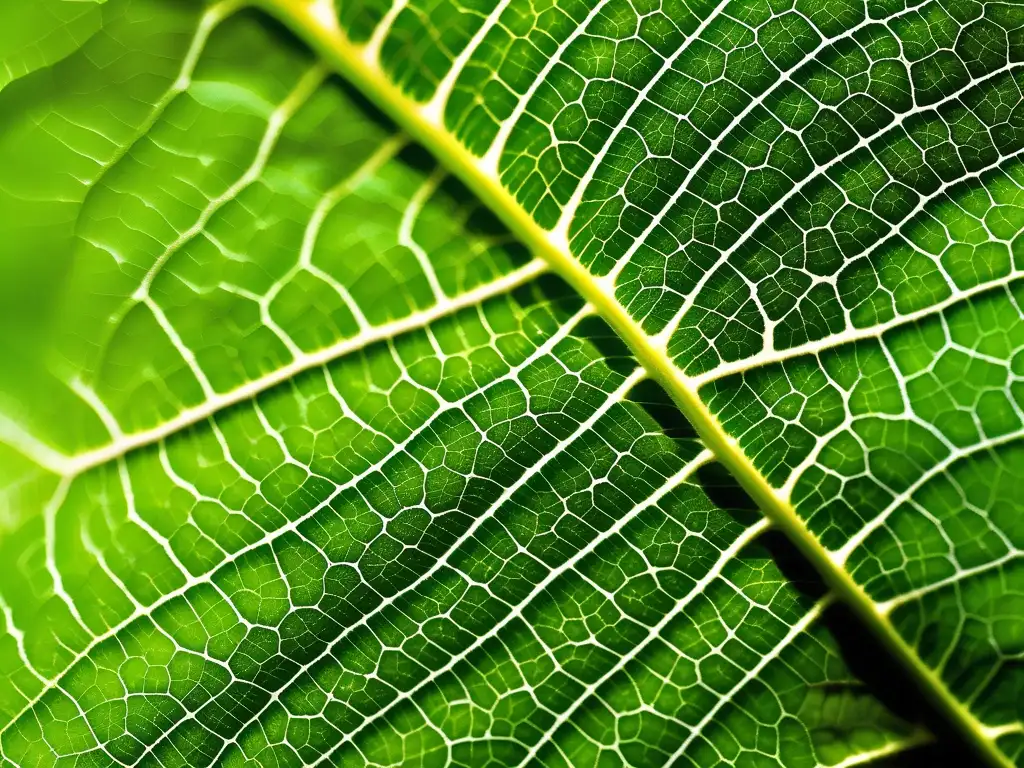 Impacto ambiental de las energías alternativas en una hoja verde, mostrando su delicada estructura y el diseño natural