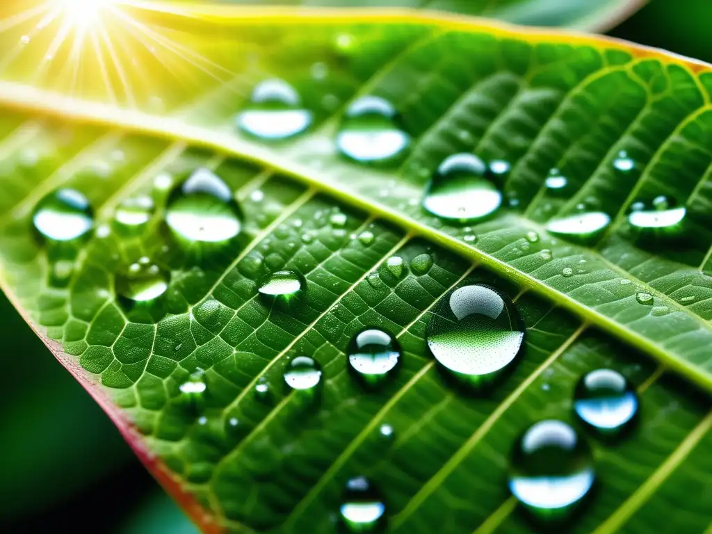 Hoja verde con gotas de agua, reflejando la belleza de la naturaleza y la importancia de la Química Atmosférica en el cambio climático